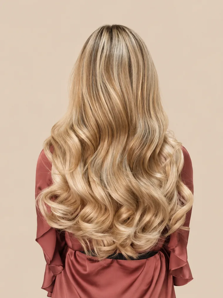 taillenlanges, gleichmäßiges, blondes Haar mit vollen Locken
