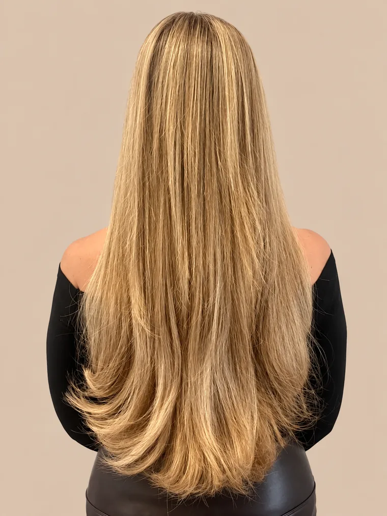 taillenlanges, fülliges, blondes Haar mit leichter Welle