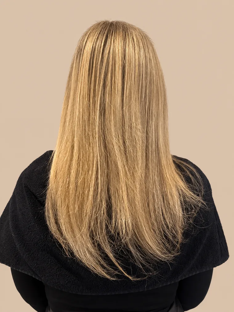 mittellanges, glattes blondes Haar mit dünnen Spitzen
